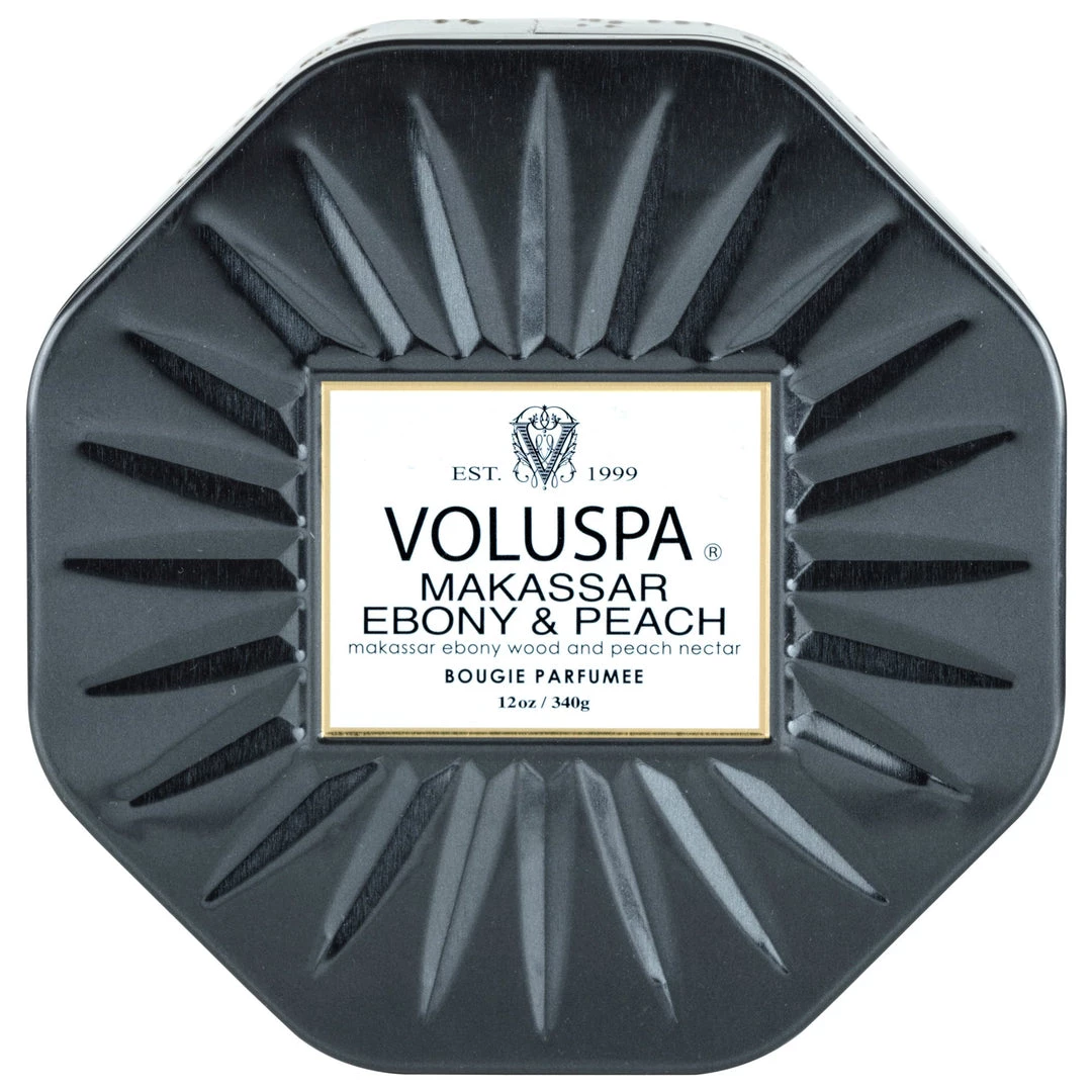 Voluspa Fragrances Makassar Ebony & Peach - 3 Wick Octagon Tin Candle 1 Voluspa Fragrances Makassar Ebony & Peach - 3 Wick Octagon Tin Candle