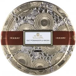 Voluspa Gilt Pomander & Hinoki - Seasonal 3 Wick Pedestal Tin Candle Fragrances